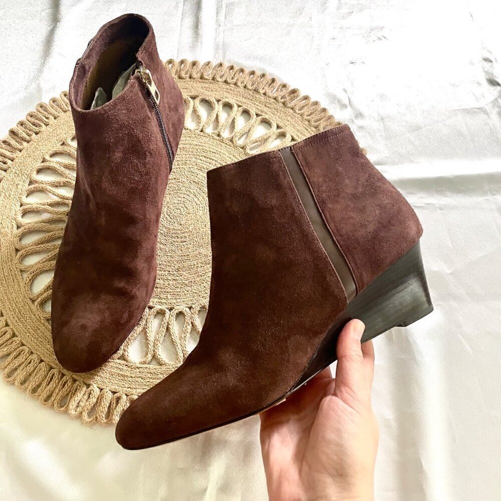 Coach Maya Suede/Polished-Calf Ankle Wedge Boots Brown Women’s Size 10 Q5328 - Picture 2 of 14